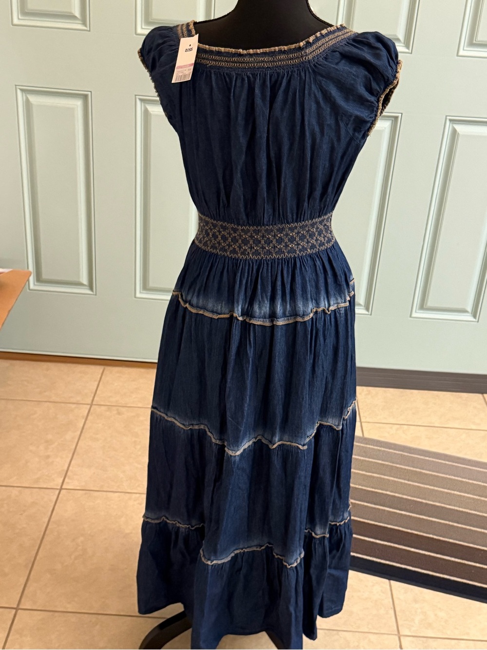 Smocked Waist Navy Blue Maxi Dress with Tie Neck - Picture 3 of 3